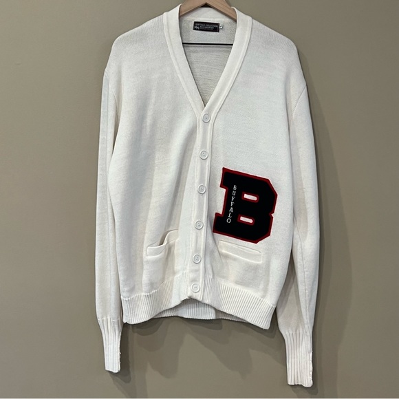 Vintage Sweaters - Vintage Letterman Cardigan "B" Sweater Academia Size Large White Navy Varsity